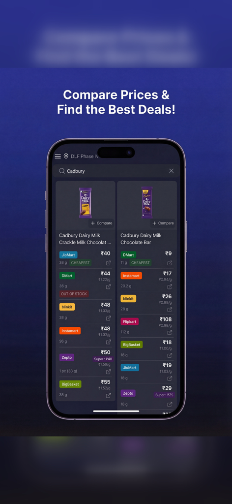Comparify: Cabs & Groceries - Mobile app interface showing a side by side price comparison of Cadbury chocolate across multiple Indian grocery delivery services