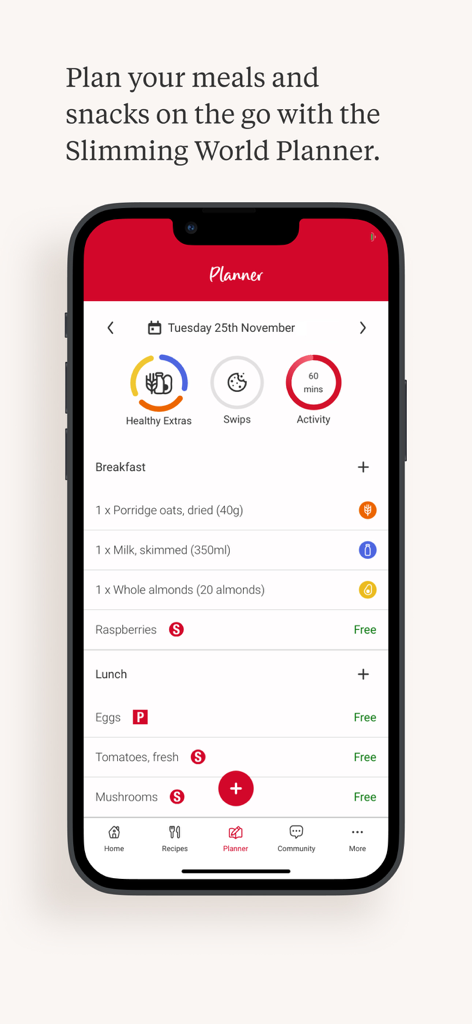 Slimming World - Slimming World app meal planner interface showing daily food log and health goals