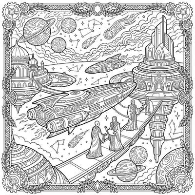 Dive into a breathtaking sci-fi world with this detailed coloring page, featuring elegant diplomatic courier ships navigating a bustling space city. Explore intricate architecture, cosmic wonders, and robed figures engaged in interstellar negotiations.