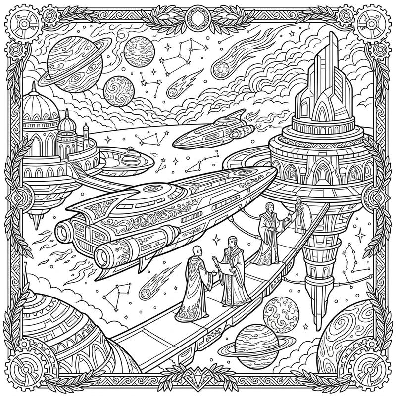 Dive into a breathtaking sci-fi world with this detailed coloring page, featuring elegant diplomatic courier ships navigating a bustling space city. Explore intricate architecture, cosmic wonders, and robed figures engaged in interstellar negotiations.