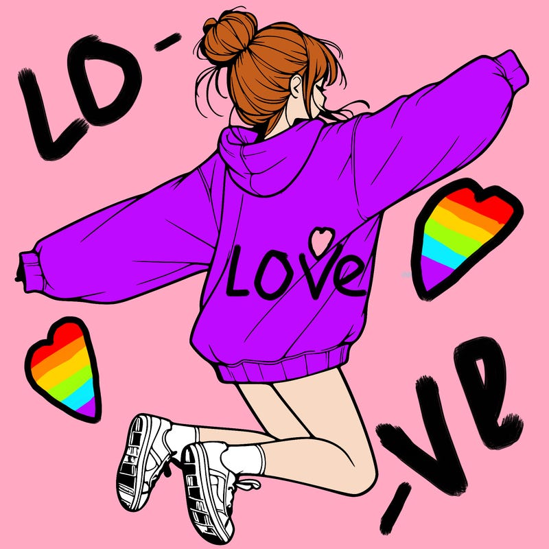 realistic girl jumping with a bun and oversized sweatshirt