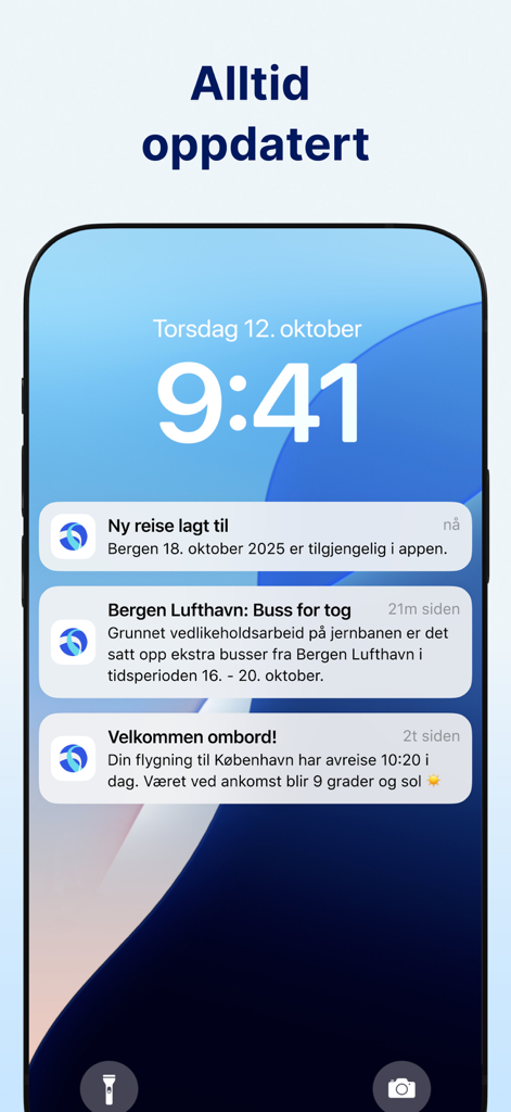 Smartphone lock screen displaying travel notifications for flights and itineraries from the Berg-Hansen app.