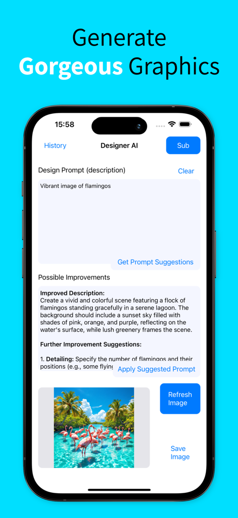 Graphic Design AI App-Oberfläche auf dem iPhone, die Prompt-Vorschläge und ein KI-generiertes Flamingo-Bild zeigt