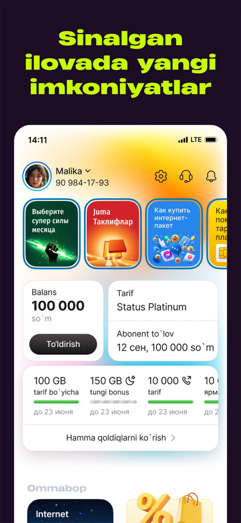 hambi (Beeline Uzbekistan) - User interface of the hambi app showing mobile account balance data usage and service options