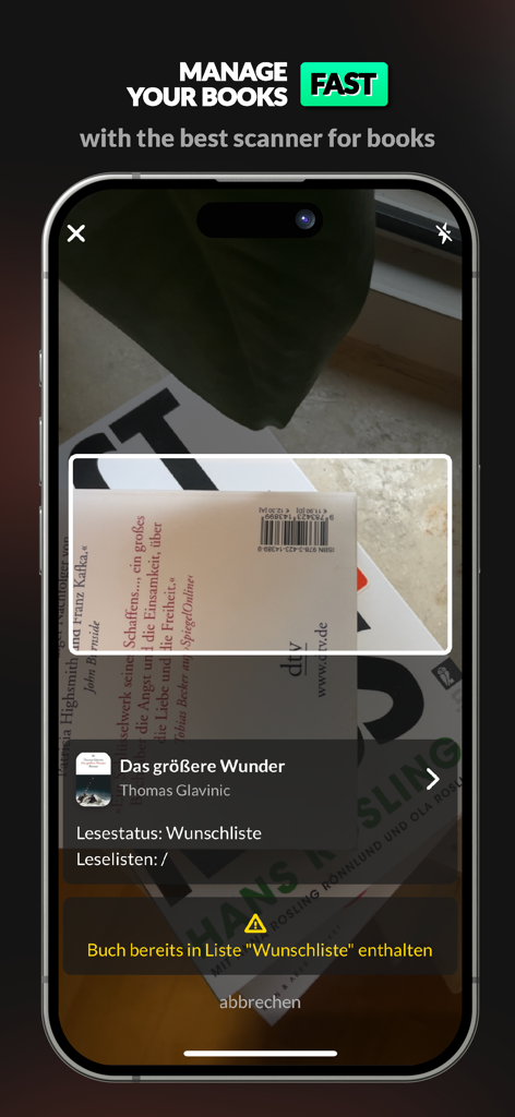 READO - All About Books - Smartphone screen showing the READO app super scanner identifying a book barcode to manage a digital library