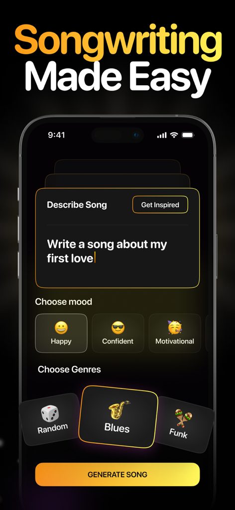 AI Music & Song Maker - Solo - Solo AI Music Maker app interface showing song description prompt and options for mood and genre selection.