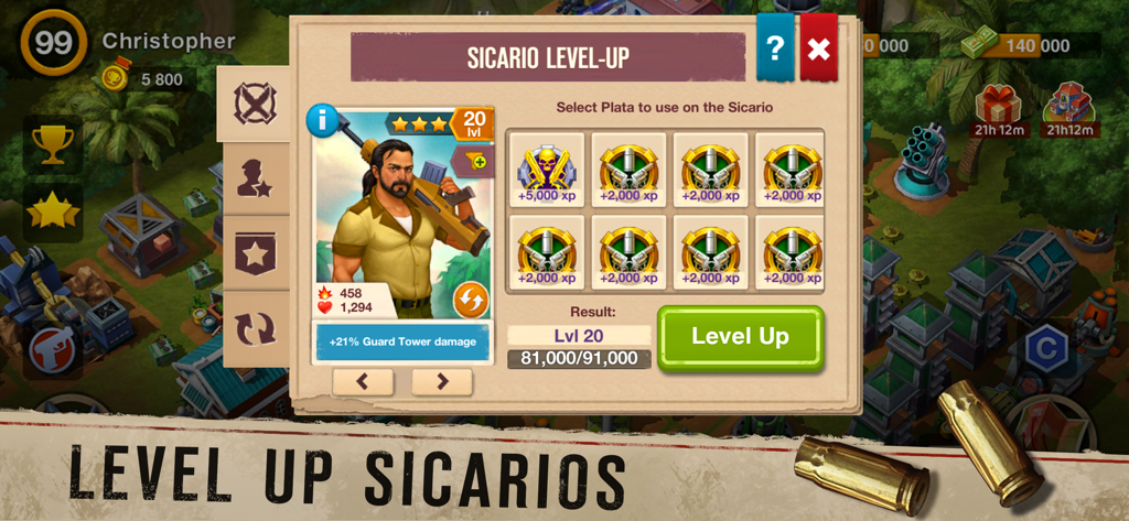 Sicario level up screen in Narcos Cartel Wars showing character progression and upgrade options