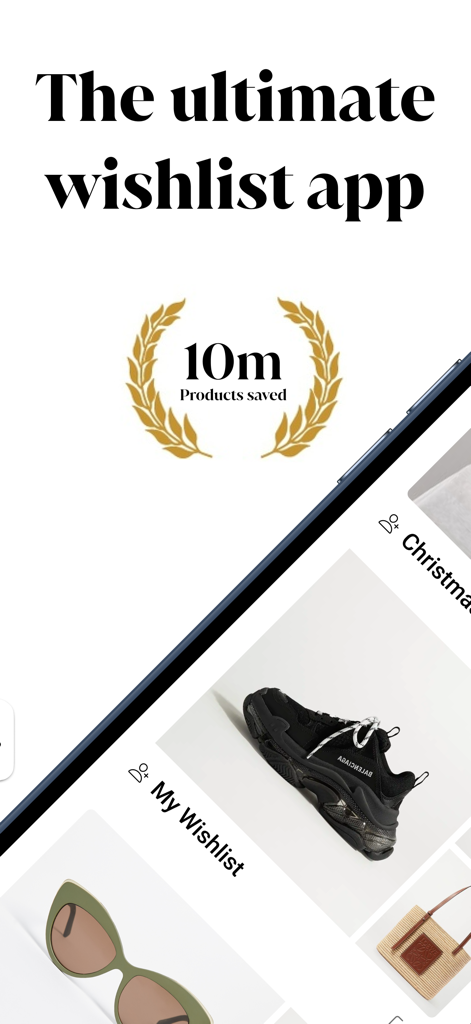 Moonsift app screenshot featuring the headline The ultimate wishlist app with a 10 million products saved milestone and curated items like sneakers and sunglasses