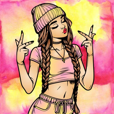 realistic teenage girl with braids and a beanie and crop top doing 🫶🏼