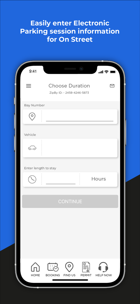 ZipBy - ZipBy app interface for setting up on-street parking including bay number and stay duration