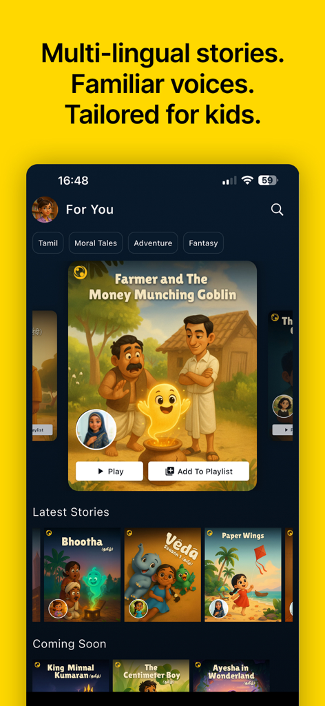 OhoKids - Stories & Learning - OhoKids app interface showing a library of audio stories for children in multiple languages