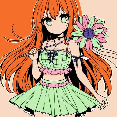 anime girl holding a flower wearing a skirt and crop top