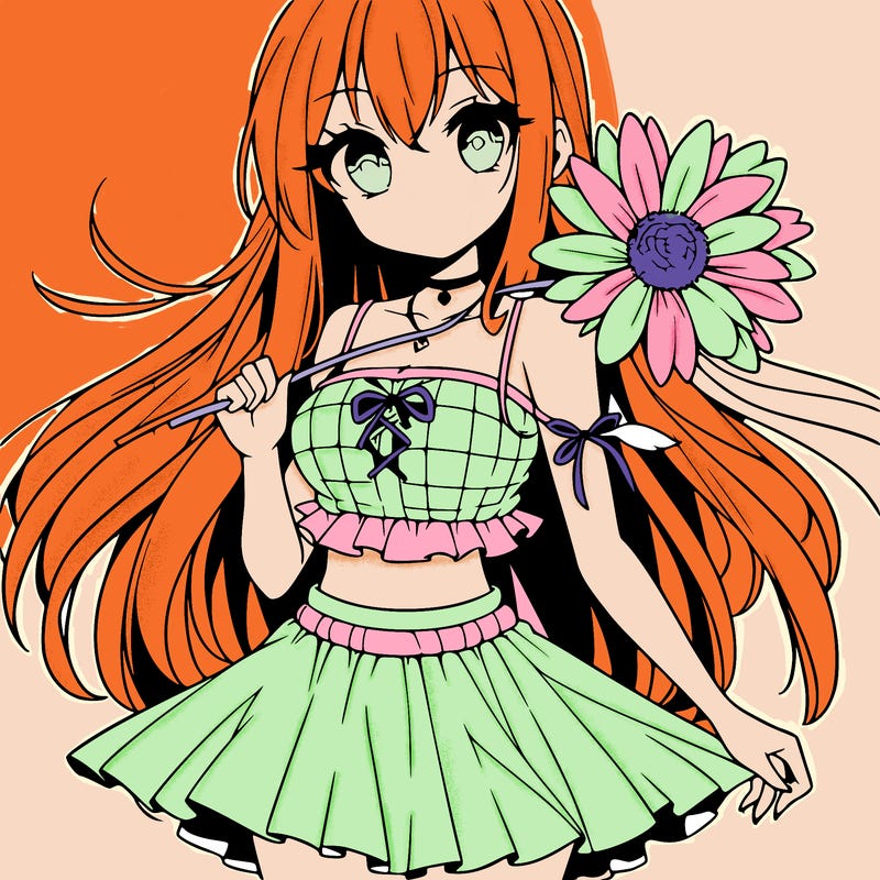 anime girl holding a flower wearing a skirt and crop top