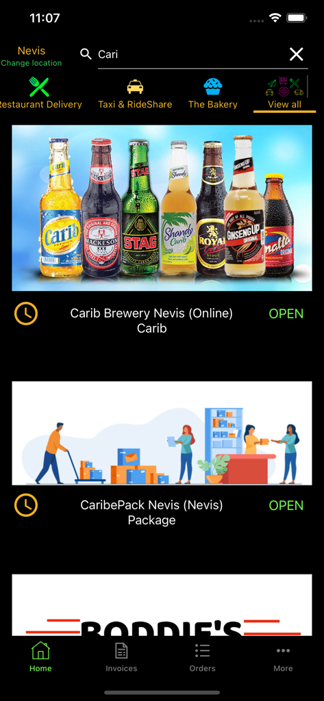 CaribeEats - CaribeEats app home screen showing Caribbean beverage delivery and package services in Nevis