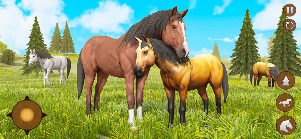 Horse Simulator Riding Games - Un grupo de caballos, incluyendo una yegua marrón y un potro bayo, de pie en un prado verde con pinos en un juego de simulación 3D.