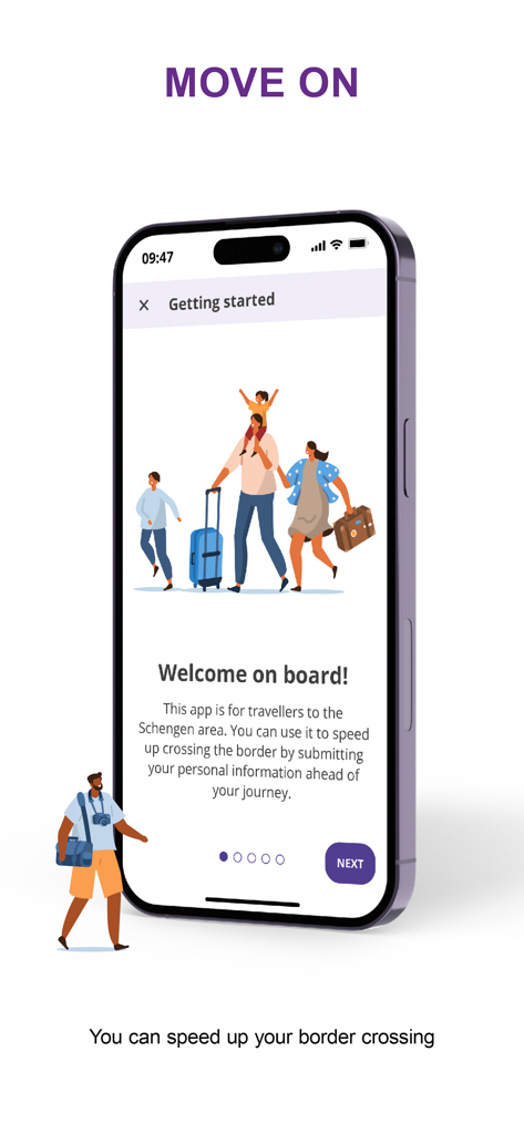 iPhone showing the Travel to Europe app welcome screen with a family illustration and text about speeding up border crossings.