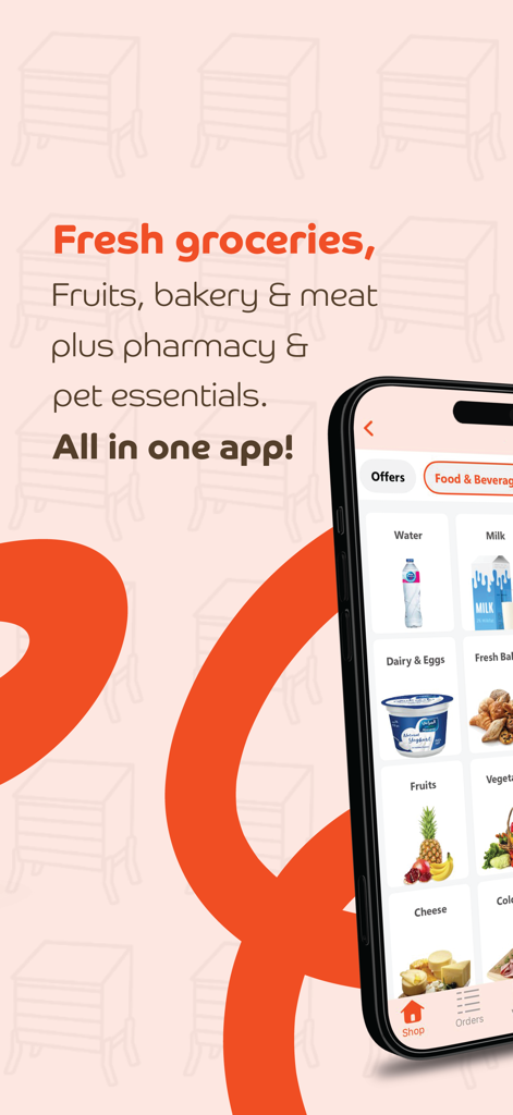 GoodsMart - GoodsMart app interface showing grocery categories like dairy, fruits, and bakery