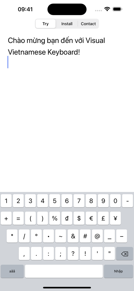 Eine mobile Benutzeroberfläche für die Visuelle Vietnamesische Tastatur-App, die ein Layout für Zahlen und Sonderzeichen zeigt, die beim vietnamesischen Tippen verwendet werden.