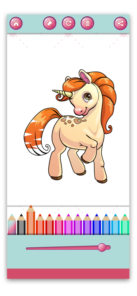 A cartoon unicorn coloring page with digital colored pencils in a mobile app