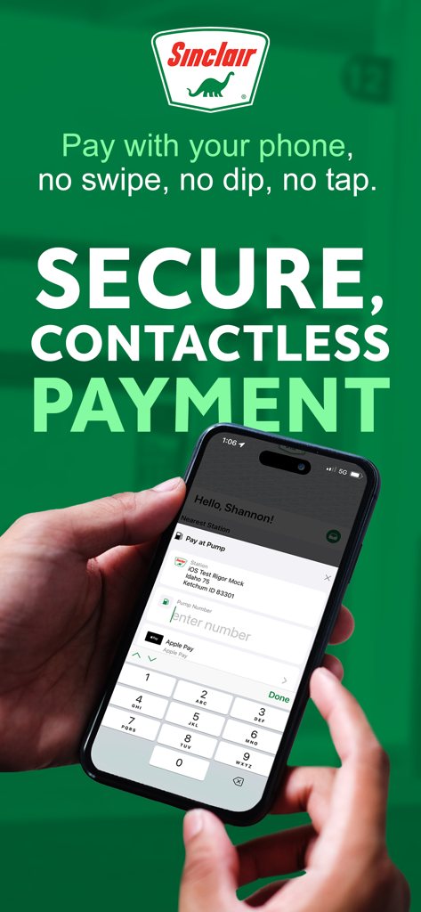 Sinclair Oil DINOPAY app interface for secure contactless payment on a smartphone.