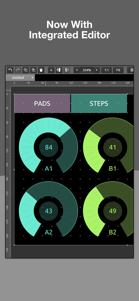 TouchOSC - TouchOSC integrated editor showing a custom MIDI control layout with circular knobs and buttons on a grid background