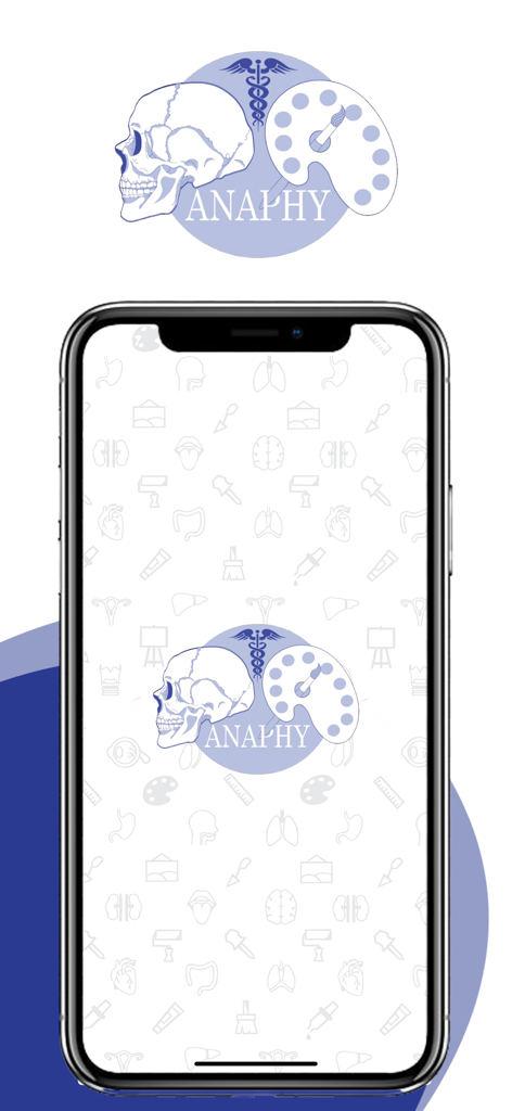 Smartphone screen showing the Anaphy app logo which combines a human skull and an artist palette