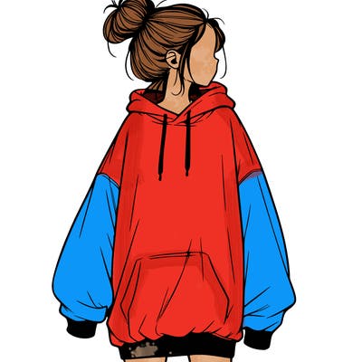 realistic girl with a oversized sweatshirt on and a bun