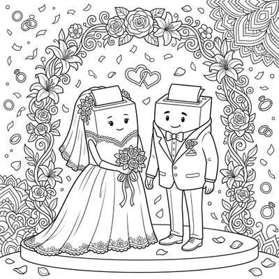 Dive into a truly unique celebration with our paper shredder wedding coloring page. This delightful scene features an adorable shredder couple ready to tie the knot under a beautiful floral arch, promising a fun and quirky coloring experience.