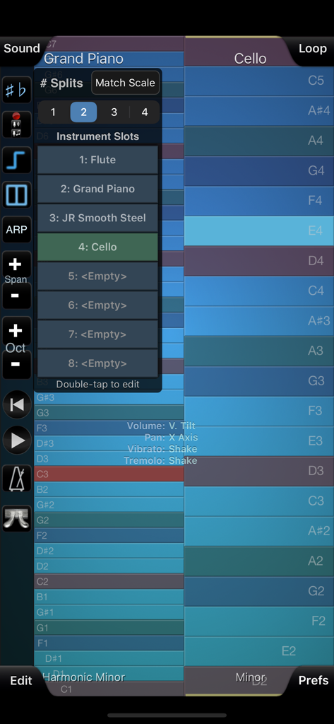 ThumbJam - Interfaz de la aplicación móvil ThumbJam que muestra múltiples divisiones de instrumentos con selecciones de piano de cola y violonchelo.
