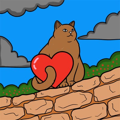 a cat sitting on a ledge with a heart