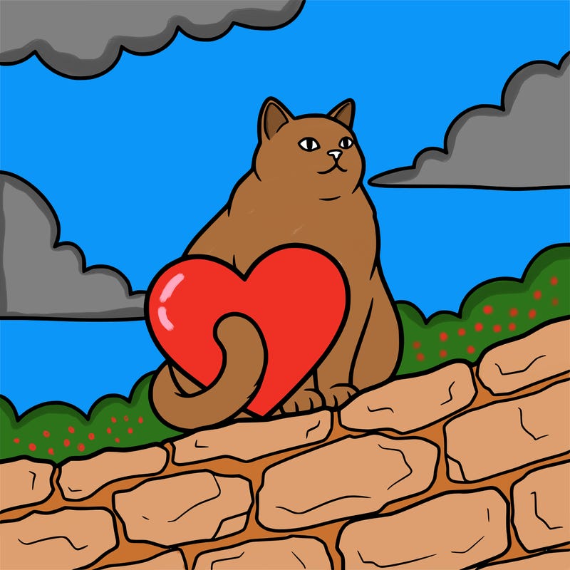 a cat sitting on a ledge with a heart