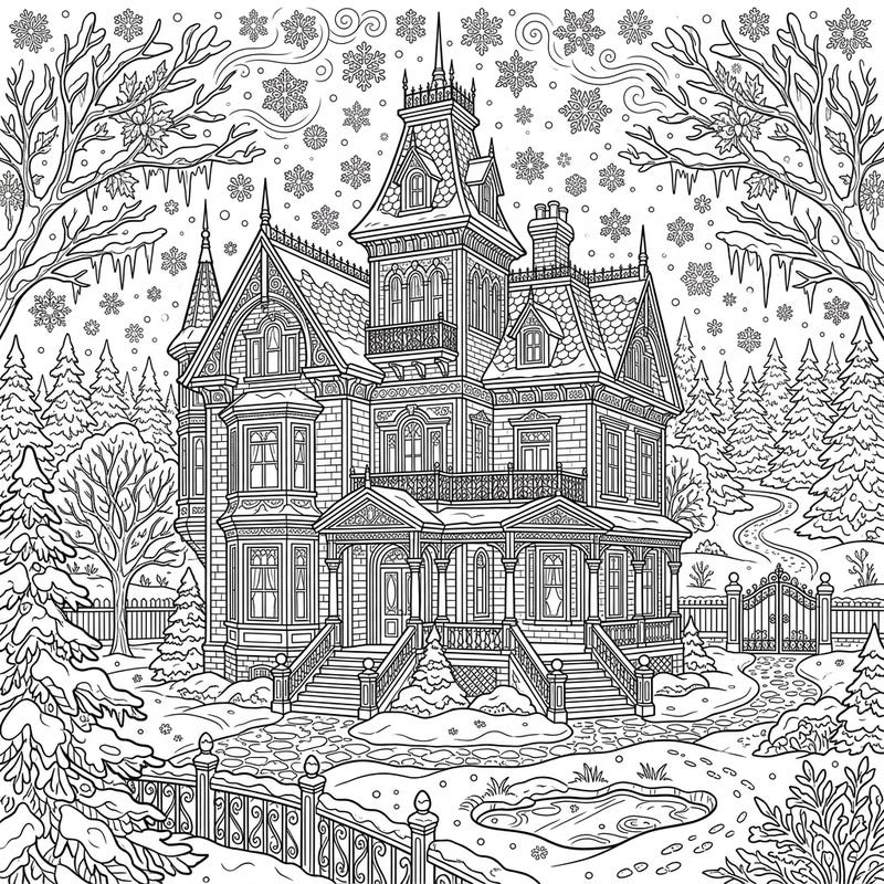 Immerse yourself in the beauty of a snowy landscape with this captivating Victorian mansion coloring page. Its intricate details and festive winter setting offer hours of relaxing artistic enjoyment.