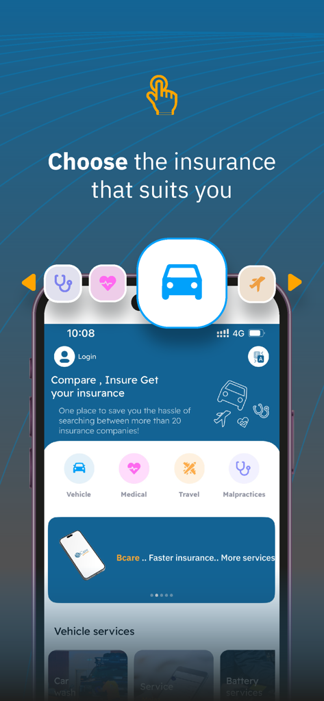BCare insurance app home screen showing options for vehicle medical and travel insurance comparison