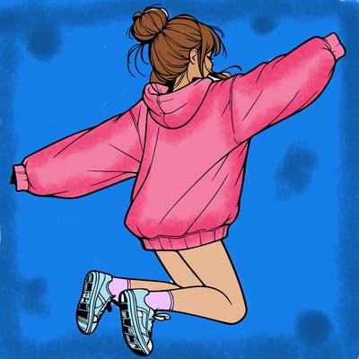 realistic girl jumping with a bun and oversized sweatshirt