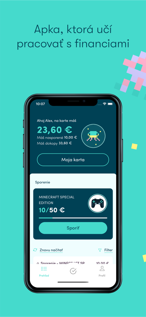 SMARTIE mobile app interface displaying a child account balance and a savings goal progress bar for a video game