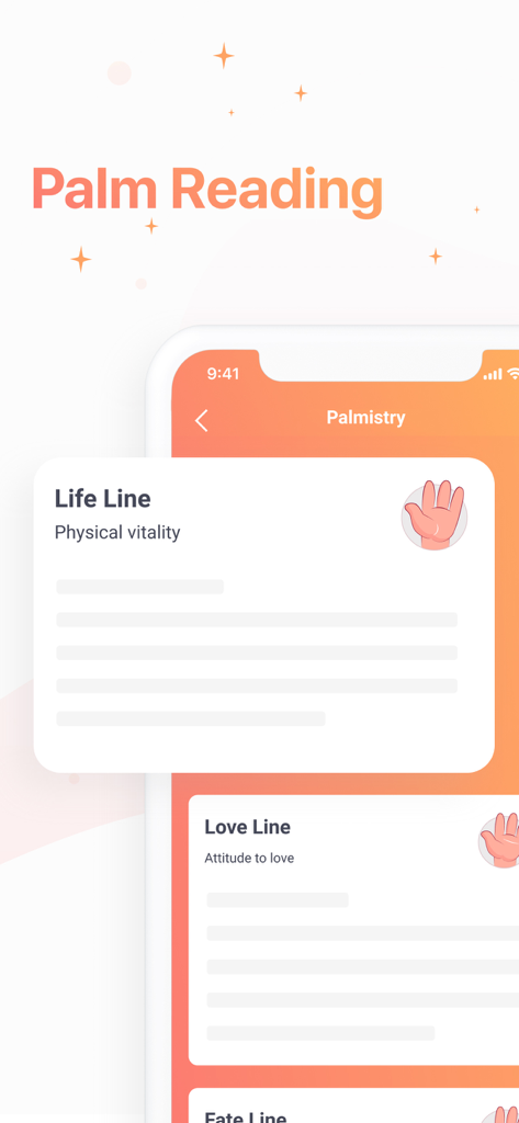 Daily Horoscope App 2024 - Interface de lecture de la paume dans l'Application Horoscope Quotidien montrant les détails des lignes de vie et d'amour.