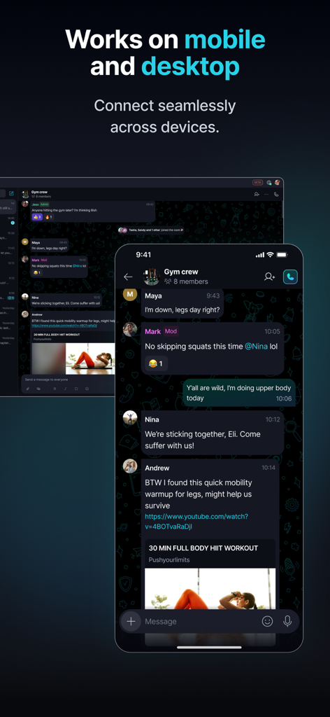스마트폰과 데스크톱 화면에 표시되는 Keet 비공개 채팅 인터페이스로, 크로스 디바이스 연결을 보여줌