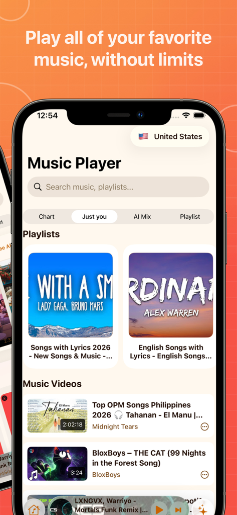 Musi player app home screen showing search bar and music playlists