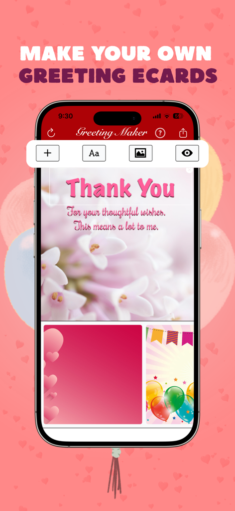 Greeting Card Maker & Invite - A mobile app interface for creating custom thank you greeting ecards with various templates and design tools.