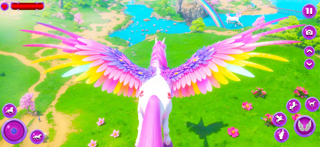 Princess Pet's Unicorn Horse - Un unicornio alado blanco volando sobre un paisaje verde mágico con un arcoíris y flores rosas