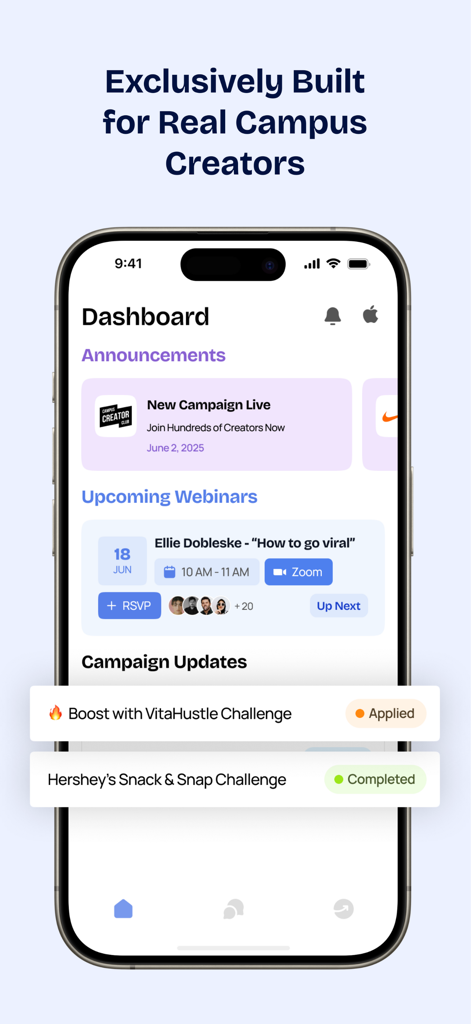 Dashboard of the Campus Creator Club app displaying announcements, upcoming webinars, and brand campaign updates for student creators.