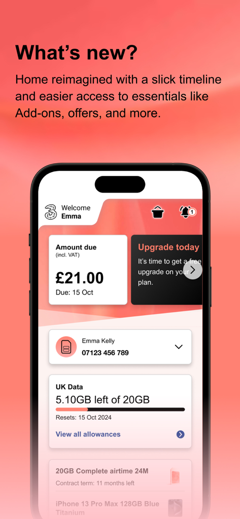 Schermata principale dell'app Three che mostra il saldo dell'account, l'utilizzo dei dati e i dettagli del piano