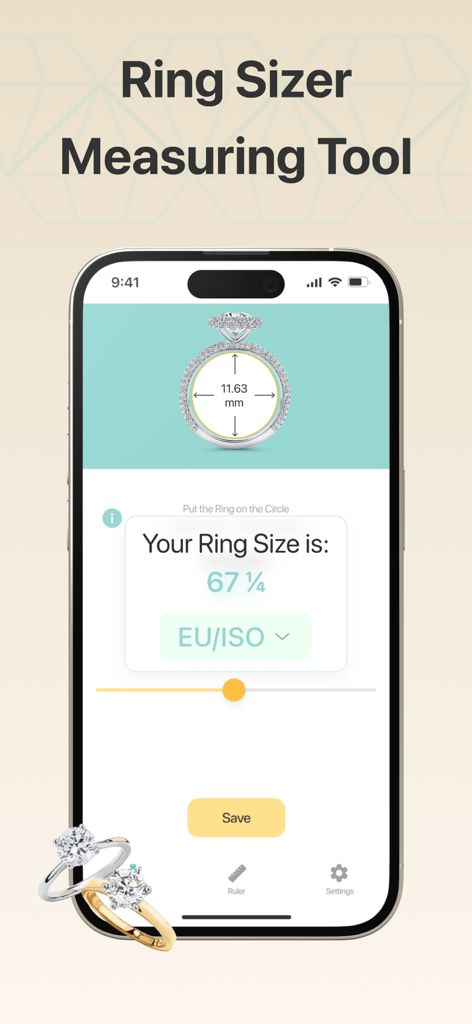 Smartphone screen showing the Ring Sizer app measuring a ring diameter and displaying the size in EU ISO format