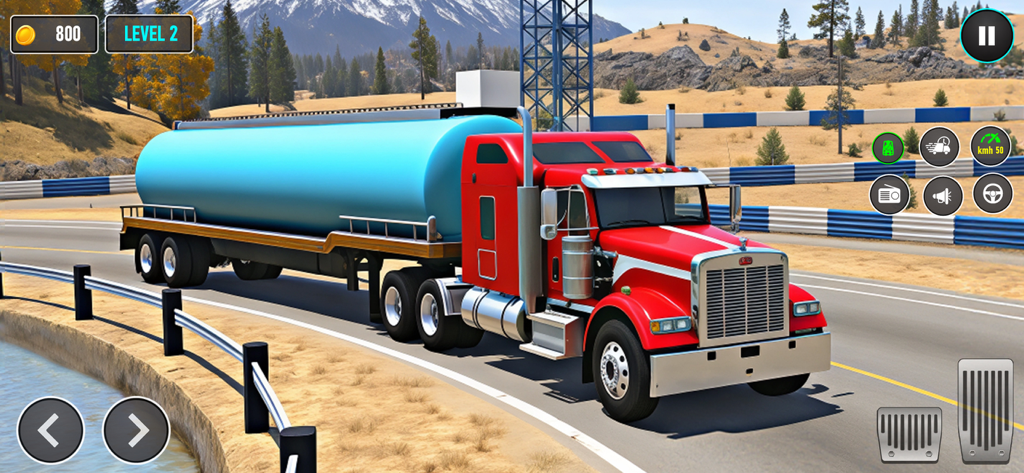 Oil Tanker Supply Truck 2025 - A red heavy duty oil tanker truck driving on a scenic mountain road near a lake in a 3D driving simulation game