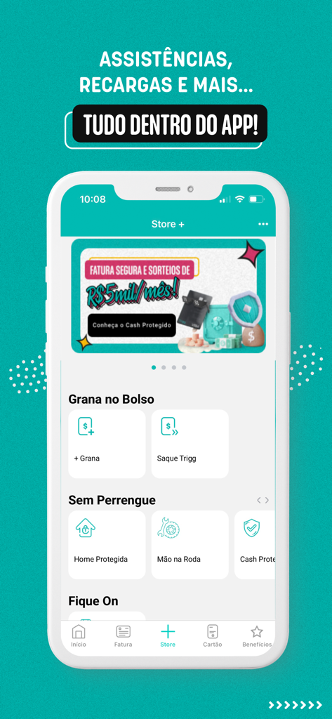 Trigg: Cartão de Crédito - Smartphone screen showing the Trigg app interface with sections for loans, withdrawals, and insurance services.