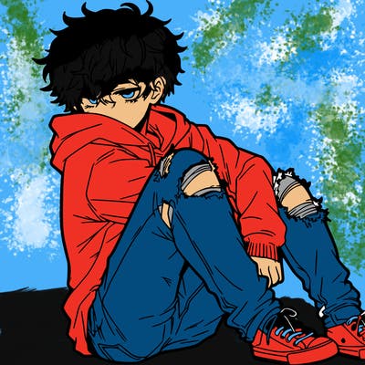 a male hoddie ripped jeans messy hair anime
