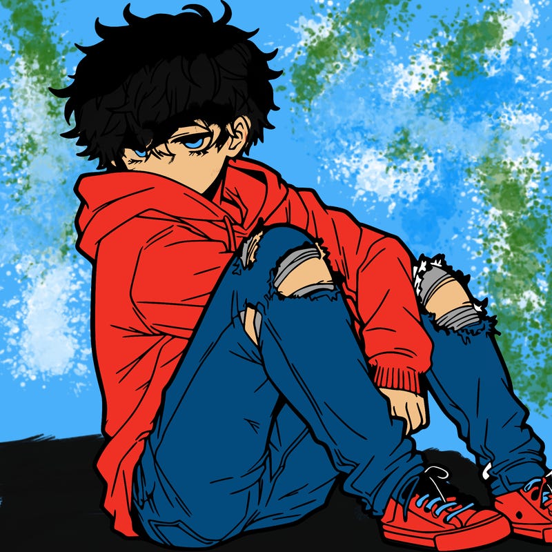 a male hoddie ripped jeans messy hair anime