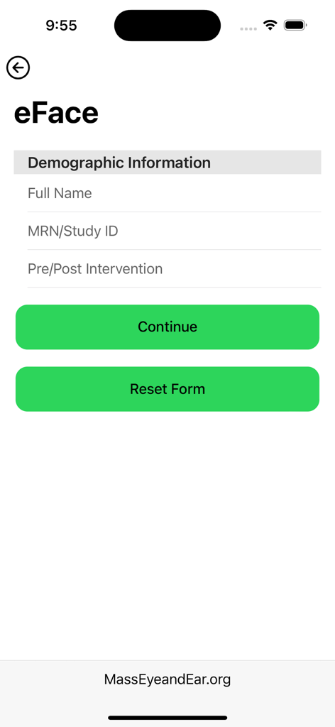 The eFACE - The eFACE app screen for entering patient demographic information including name and study ID
