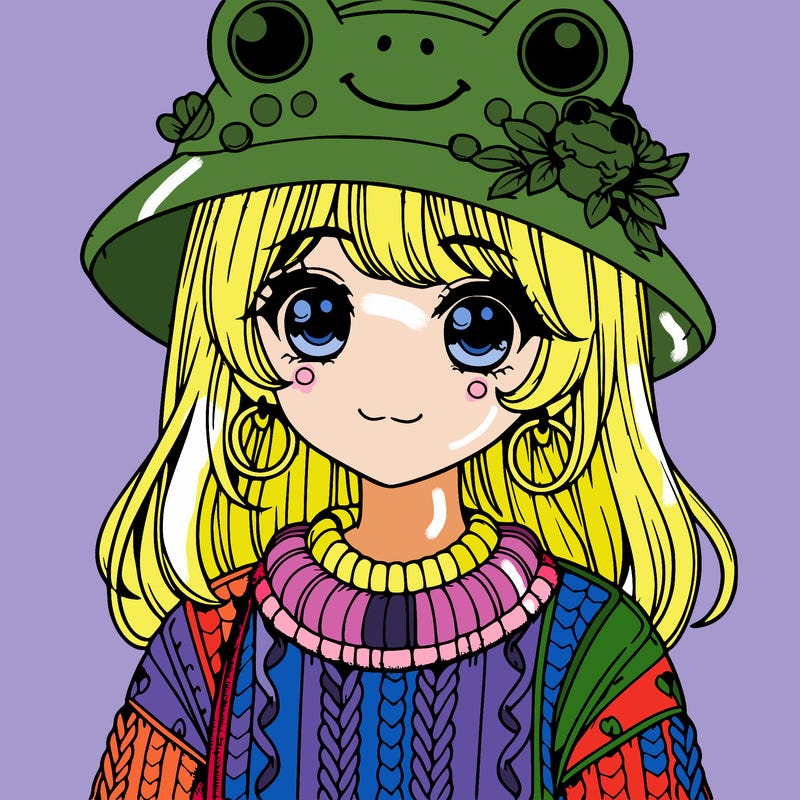 realistic girl wearing frog sweater and a frog hat with frog earrings