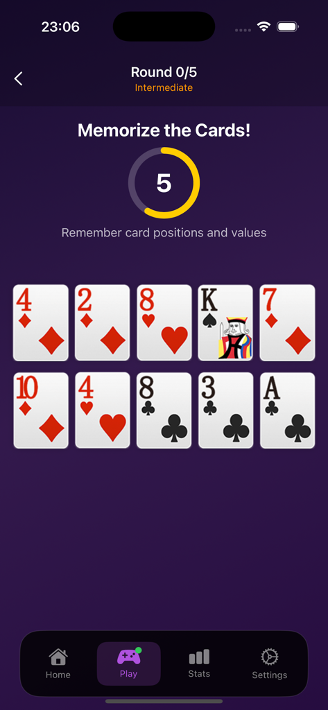 CardgridSolis - CardgridSolis gameplay screen showing ten cards and a five second countdown for the memorization phase